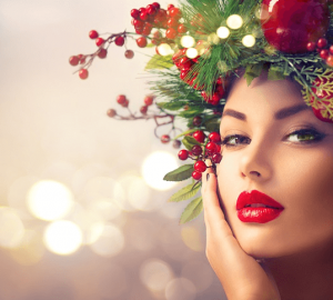 new year holiday makeup beautiful girl with red lip stick and christmas tree