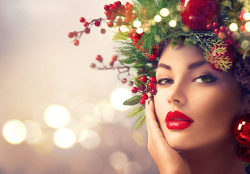 new year holiday makeup beautiful girl with red lip stick and christmas tree
