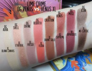 lime crime venus vs lime crime venus xl swatches on skin